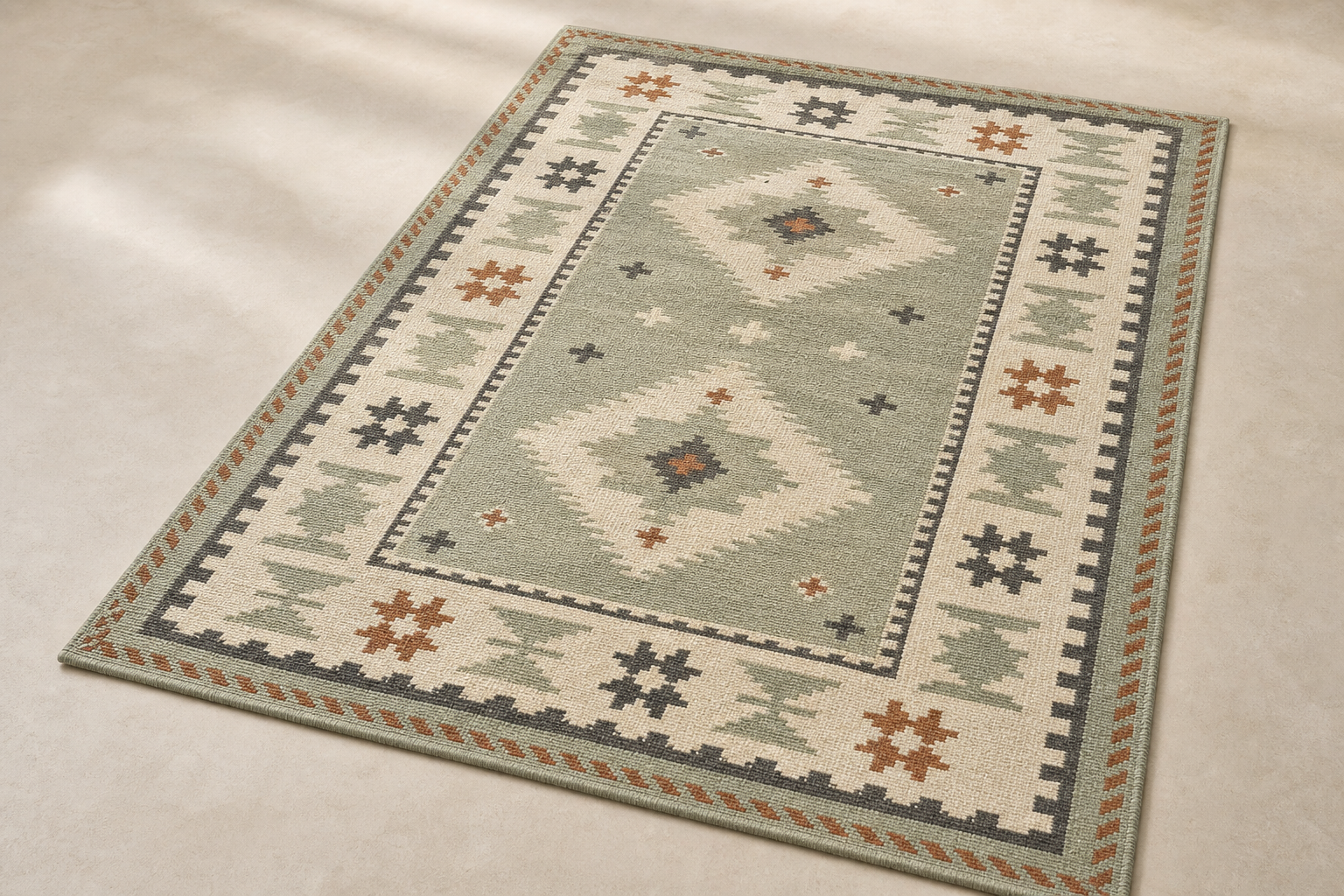 Oster Flatweave rug in sage, bone, charcoal, quiet rust