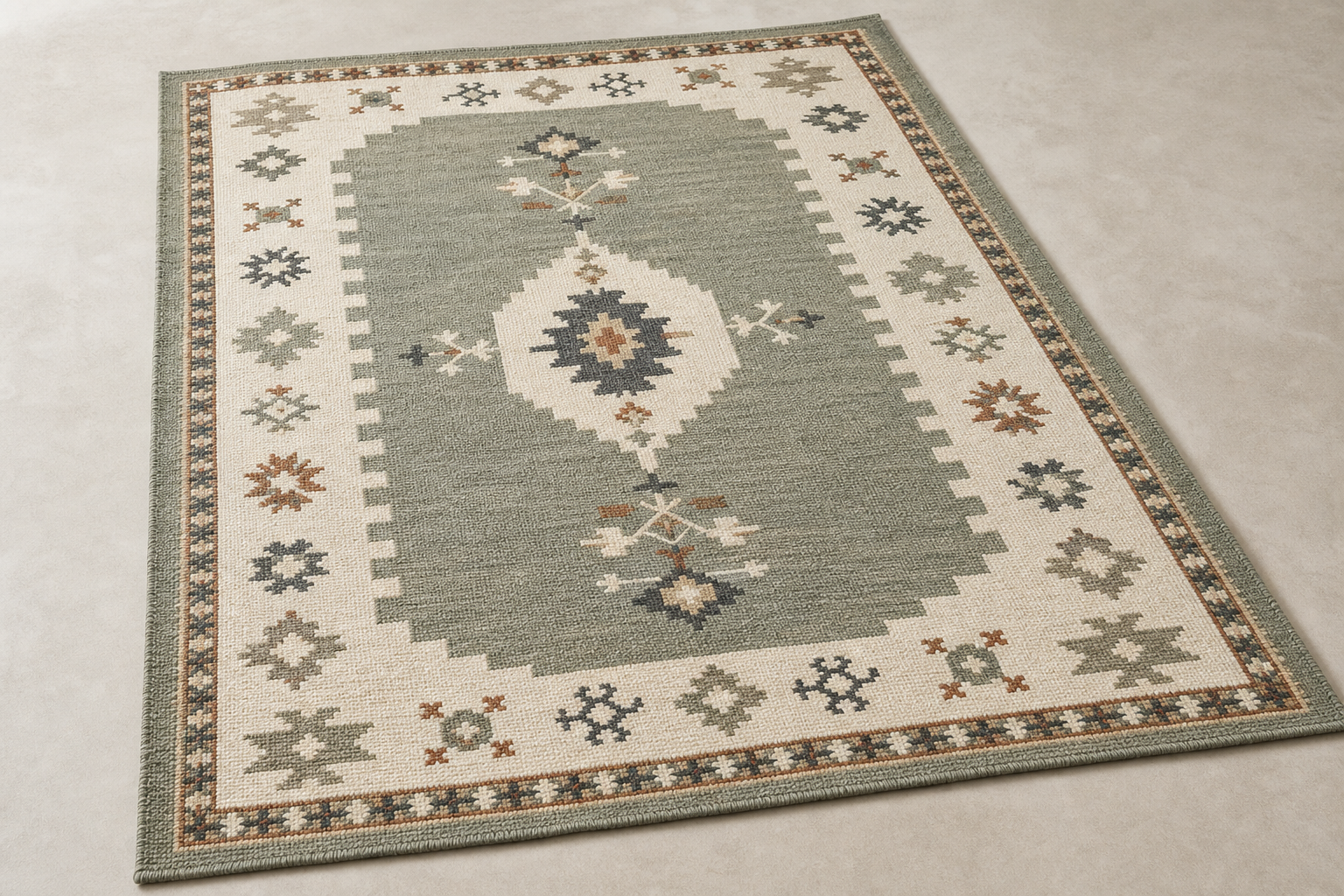 Fjord Border rug in bone, smoke, moss, washed terracotta